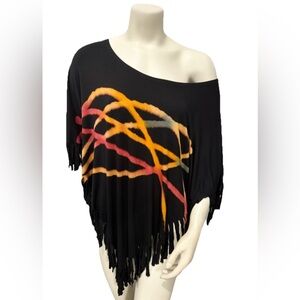 Pyramid Collection Fringe Poncho Top Black Abstract Festival Witchy | Medium
